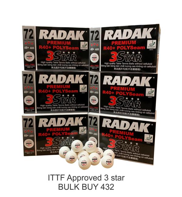 Radak Polyseam R40+ 3 star Table Tennis Balls Bulk 432 ITTF Approved