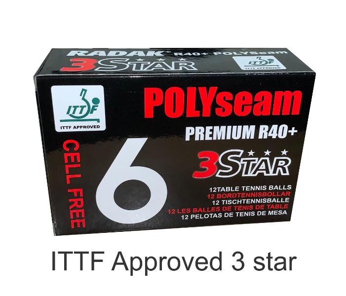 AAA Radak Polyseam R40+ 3 star Table Tennis Balls Pk 6 ITTF Approved